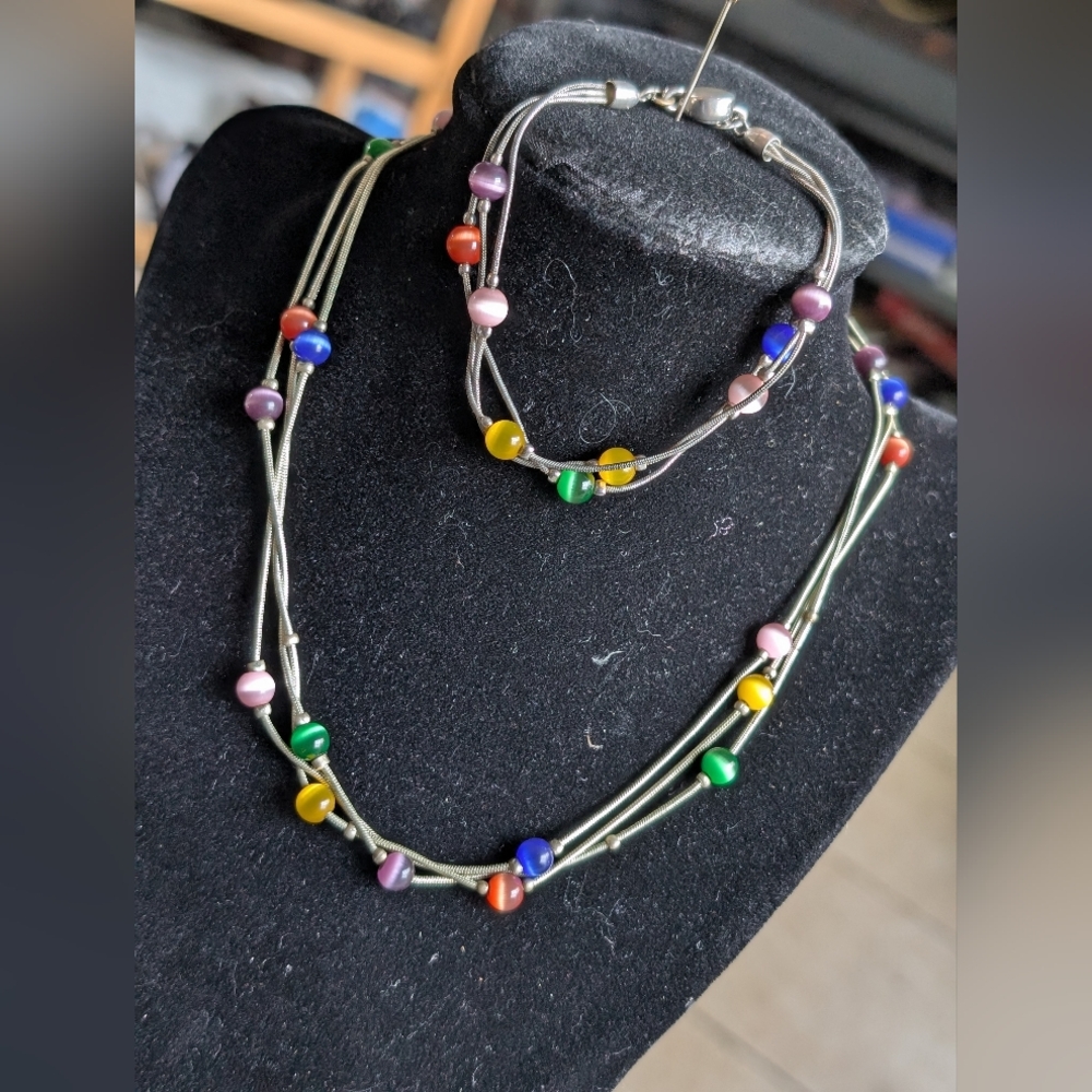 Rainbow Glass Bead Layered Cord Necklace Set